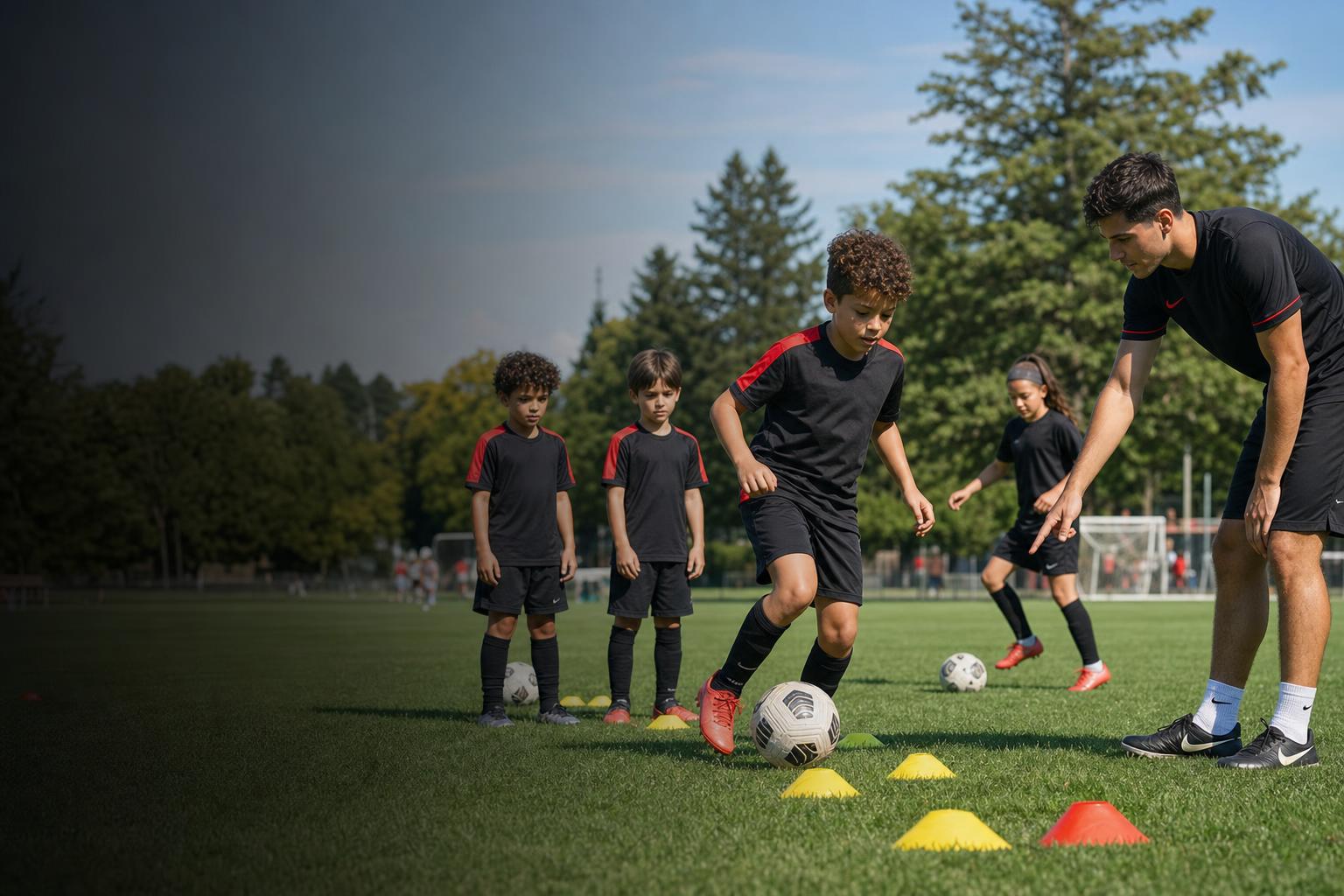 Kids aged 8 to 10 training soccer technique in Montreal